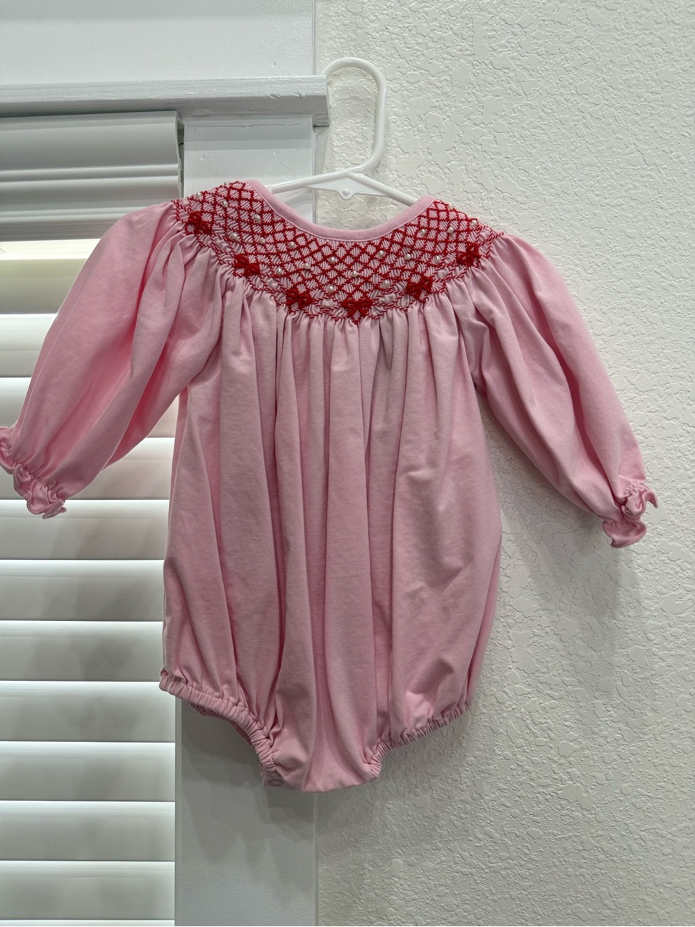 B&B Embroidery and Design Co Pink Bubble Romper with Red Smocked Yoke